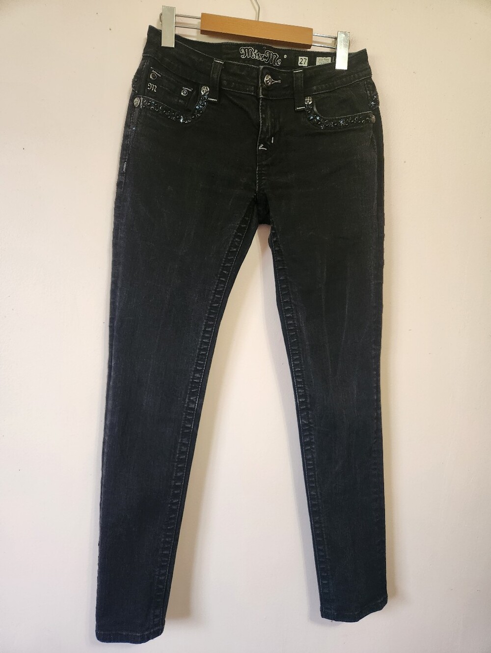 Miss Me Black Sequined Flap Pocket Mid Rise Skinny Jeans Size 27 Y2K EUC